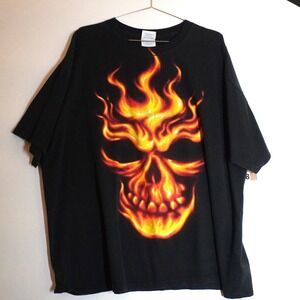 Optima Heavy Mens Black Flaming Skull Graphic T-Shirt Short Sleeve Crewneck 2XL
